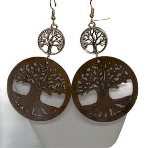 NWT Tan Wood Gold-Tone Tree of Life Laser Cut-Out Dangle Earrings
